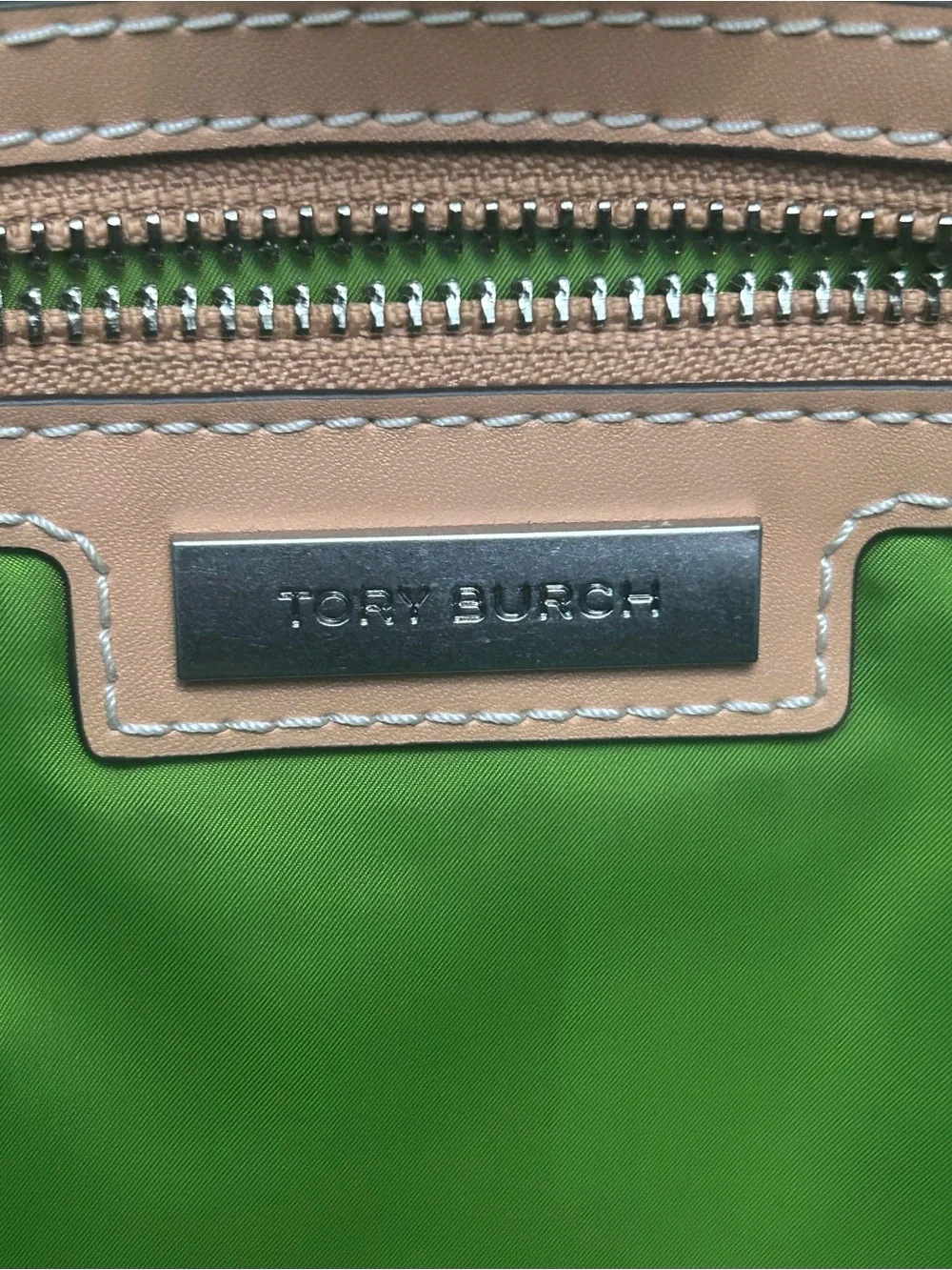 Tory Burch Lime Green Nylon Tote with Tan Leather Trim